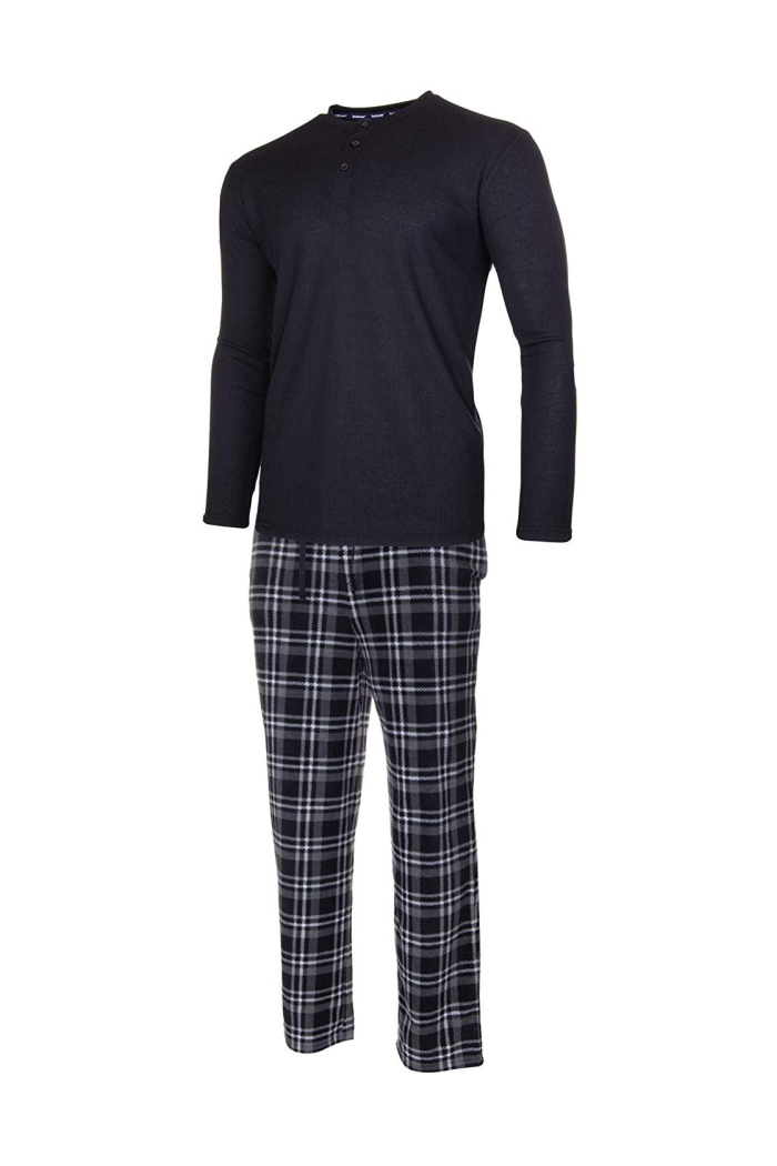ISOTONER Mens Thermal Sleep Set - Pockets Super Soft Jersey Pajamas Knit Top Flannel Bottom