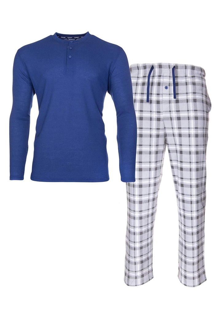 ISOTONER Mens Thermal Sleep Set - Pockets Super Soft Jersey Pajamas Knit Top Flannel Bottom