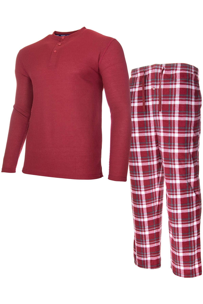 ISOTONER Mens Thermal Sleep Set - Pockets Super Soft Jersey Pajamas Knit Top Flannel Bottom