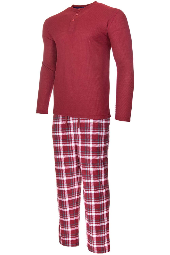 ISOTONER Mens Thermal Sleep Set - Pockets Super Soft Jersey Pajamas Knit Top Flannel Bottom