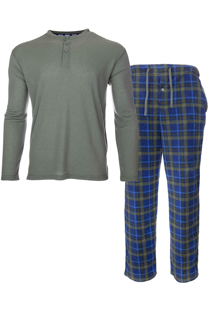 ISOTONER Mens Thermal Sleep Set - Pockets Super Soft Jersey Pajamas Knit Top Flannel Bottom