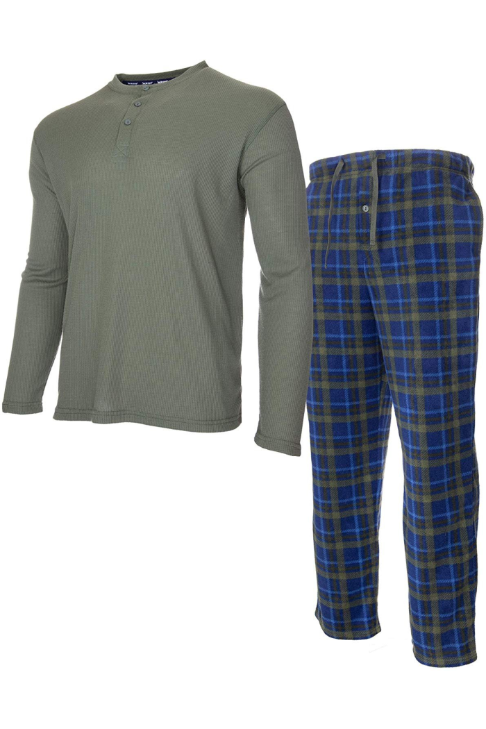 ISOTONER Mens Thermal Sleep Set - Pockets Super Soft Jersey Pajamas Knit Top Flannel Bottom